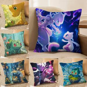Bandai | Pokemon Grass Type Collection Anime Plush Pillow Cover Soft Short Plush Cushion Cover For Sofa Bedroom Home Decor Gift