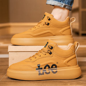 Mens Winter High Top Casual Sneakers Genuine Leather Sport Shoes Soft Bottom Heightening Trendy Wheat Color Retro Athletic Footwear