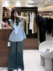 Blue Lace Earlet Sleeveless Shirt Womens Loose Style Korean Fashion Summer Casual Slimming Top Outerwear V-neck Regular Length