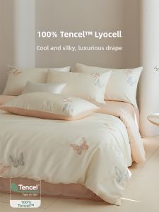 shui yang | Bộ Chăn Ga Gối Tencel Cảm Giác Mát Lạnh Thêu Hình Bướm 4 Món