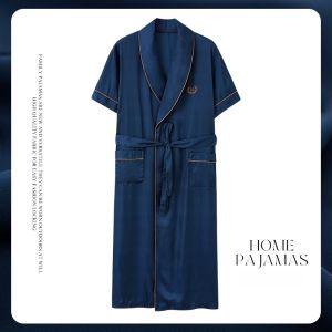 Miiow | Mens Ice Silk Robe Short Sleeve Thin Long Home Clothes Luxury Summer New Style Polyester Fiber 95% Spandex 5% MiiOW Cat Person