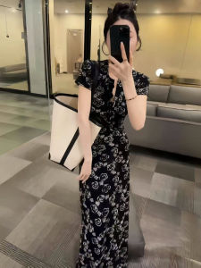 Váy Dài Chữ a Cổ Chữ V Đính Đá Kiểu Hepburn Phong Cách Pháp Mùa Hè Mới Thắt Eo Thon Gọn Họa Tiết Hoa