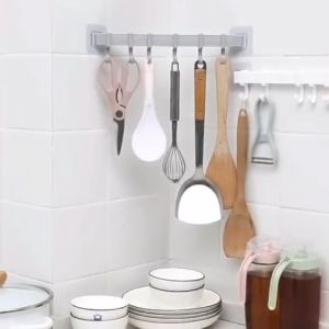 Pelekat sendiri 6 Cangkuk/Self-Adhesive 6 hooks Multi-function Movable Towel Holder Bathroom Kitchen Organizer Wall Door Holder/六连挂钩架免打孔