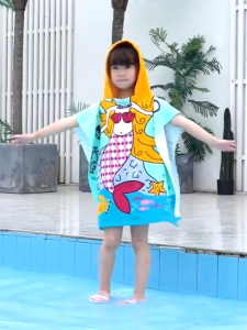Kids Cartoon Hooded Poncho Bathrobe Children Hooded Beach Towel  Swimming Children Towel