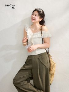 ZHANGDAREN | Bộ Quần Áo Nữ Kích Cỡ Lớn Phong Cách Hàn Quốc: Áo Trễ Vai và Quần Dài Tay Rộng Thắt Dây Cao