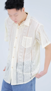 HUILISHI Oversized Polo for Men Lace Fabric See Through Short Sleeve Korean Shirts Casual Polo Premium Quality