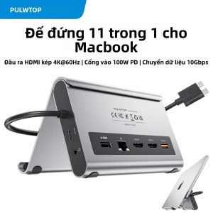Cổng Kết Nối Màn Hình Kép PULWTOP Dành Cho MacBook Pro/Air M3/M4/M5 Với 2 Cổng HDMI PD Ethernet USB A/C 10Gbps Đầu Đọc Thẻ Âm Thanh