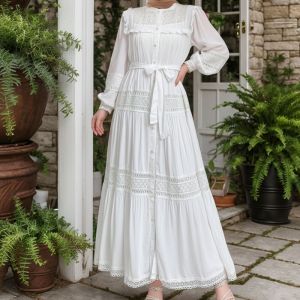 Lace Hollow Out Patchwork Muslim Abaya 2026 Ruffle Stand Collar Lantern Sleeve Belted Modest Maxi Dress Ramadan Eid Daily Wear