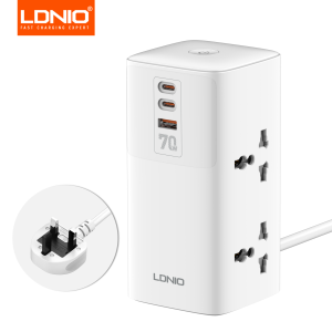 LDNIO 7 in 1 2500W Tower Extension Power Socket 70W Charging Station USB Power Strip 2 Outlets 2 USB-C USB-A Port Extension Cord