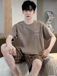 Mens Summer Cotton Pajamas Short Sleeve Shorts Thin Casual Home Clothes Set Large Size Youth Print round Neck Sleepwear