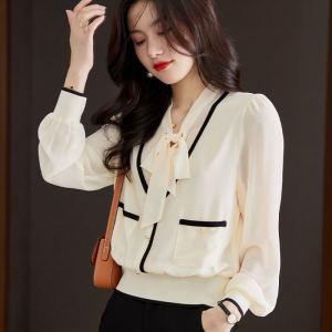 Womens V-Neck Long Sleeve Shirt Color Block Autumn Fashion Elegant Style French Lady Top Quality Material Trendy Design