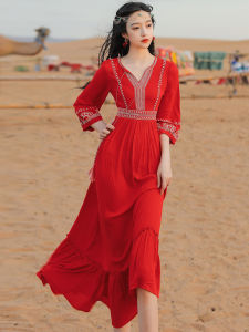 Red Long Sleeve Desert Dress Womens Summer Travel Clothing High Waist A-Line Skirt Breathable Lightweight Chiffon Beach Dress