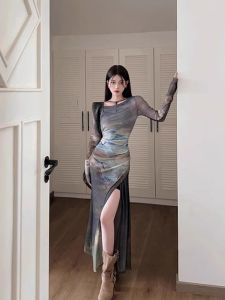 American Style Elegant Lady Set Women Spring Autumn New Slim Fit Small Vest Side Split Dress Two Piece Set Fashionable Ensemble