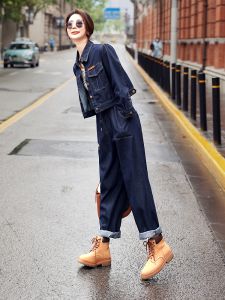 Fashionable Autumn 2025 Womens Denim Workwear Set Trendy Two-Piece Suit Small Size Stylish Cotton Long Sleeve Polo Collar