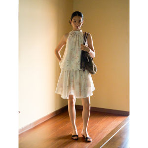 Linen Texture Floral Printed V-Neck Belted Dress