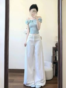 XIAOQIAOJIA | Bộ đồ hai mảnh phong cách Hàn Quốc mùa hè cho nữ áo tay ngắn ôm sát quần ống đứng cạp cao áo thun cổ tròn quần dài