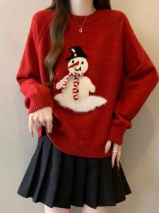 Christmas Atmosphere Red Shoulder Insertion Sweater Womens plus Size Winter Knitted Shirt Snowman Pattern Casual Commute Style