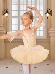ชุดเต้นบัลเลต์แขนกุดประดับเพชรประดิษฐ์ด้วยฝ้ายและไนลอน ชุดเต้นรำสำหรับเด็กผู้หญิง ชุดเต้นรำ Tutu ชุดเจ้าหญิง ชุดเต้นรำสีทอง