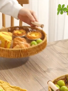 1PC Rattan Strap Handle Storage Basket Bread Snack Fruit Round Round Tray Picnic Woven Storage Basket