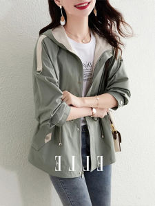 Outlet ยี่ห้อ Clearance สั้น Casual Hooded เสื้อแจ็คเก็ตสตรีสไตล์อังกฤษหลวม Fit เสื้อผ้าทํางานความยาวกลางฤดูใบไม้ผลิ 2024