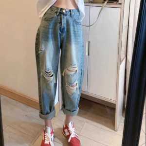 Womens Harlan Nine-Piece Denim Jeans Summer 2024 High Waist Slimming Versatile Hole Design Dad Pants Casual High Waist