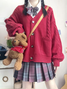 Haiyue Society JK Knitwear Outwear Cable Stitch New Year Red Sweater Christmas Outwear Preppy Style Soft Glutinous Ins Tops