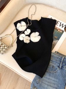 Womens Slim Fit Short Knitted Sweater Vest with 3D Flower Decoration Spring Inner Wear Base Top Sleeveless Fashion Style