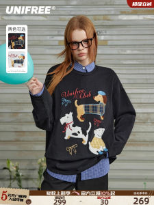 เสื้อยืดคอกลมแขนยาวลายสุนัข UNIFREE สไตล์อเมริกัน ทรงหลวม ผ้าฝ้าย 100% แฟชั่นฤดูใบไม้ผลิ ฤดูใบไม้ร่วง ฤดูหนาว