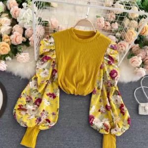 (KIDSFO-TOPSEQUIN) - Top Atasan Kaos Blouse Perempuan Wanita Lengan Puff Ballon Sequin Flower