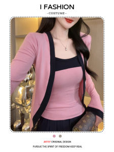 Fashionable Color Block Strap T-Shirt Womens Slim Fit Stylish Slimming Ageless Top Korean Style Long Sleeve round Neck Tee