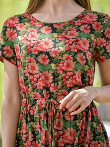 New 2025 Summer Fashionable Cotton Silk Dress Womens Artificial Cotton Mulberry Silk Print Beachwear Long Skirt V-neck A-line