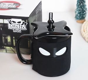 【FT】Coffee Mug Ninja Ceramic with Spoon Black Small Solid Modern Stackable