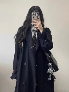 Black Trench Coat for Women Outwear Spring & Fall 2024 Autumn New Arrival Mid Length Long Length Korean Style British Style Small Sized Mans Wear Overcoat