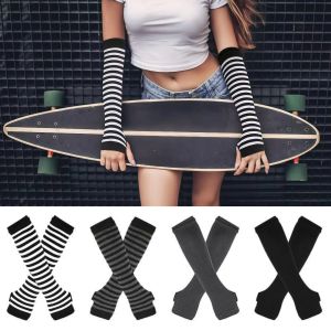 Y2K Punk Long Sleeves Fingerless Gloves Cuff for Women Men Outdoor Stripe Hip-Hop Knitted Elbow Mittens Elastic Arm Long Sleeves