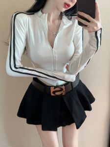 GUZILIAN | Retro American Striped Sport POLO Shirt Zipper Long Sleeve Womens Autumn Stylish Jacket Slim Fit Commute Style Short Length