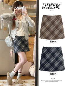 Plaid Woolen Skirt Womens 2024 Year of the Dragon New Year Dress High Waist Slim Looking Cover A- line Skirt plus-Size Woolen
