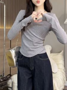 Korean Style Elegant V-neck Shoulder Long Sleeves T-Shirt Womens Autumn Asymmetrical Niche Style Silm Slim Looking Fitted Waist Bottoming Shirt Tops