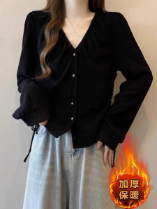 เสื้อเชิ้ตคอวีสีดำหรูหรา ทรงหลวม แขนยาว ทรงปกติ สำหรับผู้หญิง เสื้อผ้าทำงานสไตล์เกาหลี ฤดูใบไม้ร่วง 2024