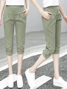 New 2025 Womens Loose Fit Ice Silk Cotton Linen Seven-Foot Pants Summer Casual Thin Slimming Mid-Calf Harlan Pants