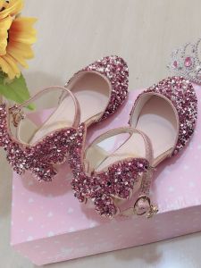 QIAOQIAOXING | Girls Crystal Shoes for Formal Dance Silver Glitter Soft Heel