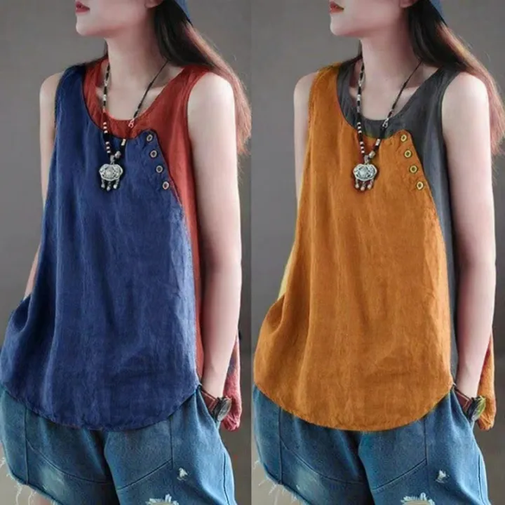 Lieoyuarn%20%7C%20Summer%20Lightweight%20Asymmetric%20Button%20Decorated%20Casual%20Loose%20Patchwork%20Sleeveless%20Top%20-%20Image%202