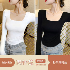 Áo Thun Dài Tay Màu Đen Trắng Cổ Thấp Ôm Vừa Vặn Mùa Xuân Thu Màu Trơn Phong Cách Ngọt Ngào Cổ Vuông Tay Dài Thường Ngày