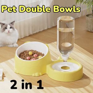 Double Dog Cat Bowls Pets Water Food Feeder with Automatic Waterer Bottle 2 in 1 Pet Drinking Dispenser