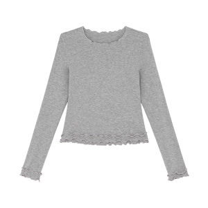 American Color Contrast Multi-layer Lace Hem Fitted T-shirt Women