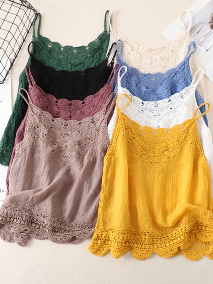 Cotton Lace Trim Halter Neck Vest Women Summer New Loose Sleeveless Inner Wear Base Shirt Top Hollow out Design Original Style