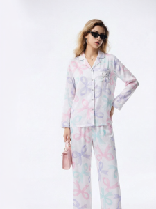 Mybody | New Watercolor Printed Spring/Fall Ribbon Detail Womens Sleepwear