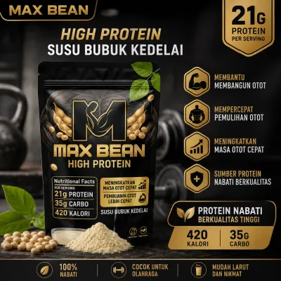 Susu Bubuk Kedelai Kemasan 1000 Gram 1KG 21g Protein Nabati Per Serving 420 KALORI 35g Karbo 100% Nabati Cocok Untuk Olahraga dan Nutritif MAX BEAN HIGH PROTEIN