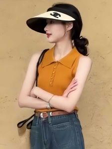 เสื้อสเวตเตอร์คอโปโลไหมน้ำแข็งสไตล์อเมริกันย้อนยุคสำหรับผู้หญิง ฤดูร้อน 2025 เสื้อกั๊กทรงสลิมฟิต แขนกุด สไตล์ฝรั่งเศส