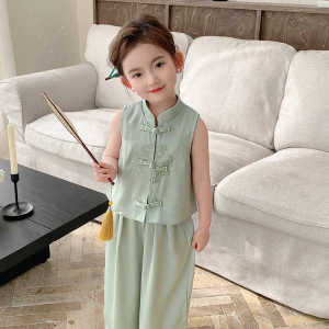 Girl Vest Suit Summer Dress 2024 New Arrival Baby New Chinese National Style Childrens Wide-Leg Pants Two-piece Set