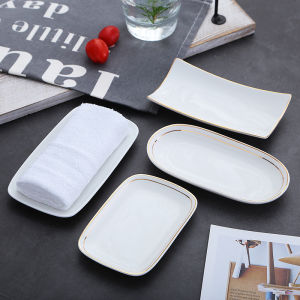 Pure White Ceramic Towel Dish Elliptical Rectangular Wet Wipes Tray Home Use Towel Carrier Gold Rimmed Dish Chinese Style